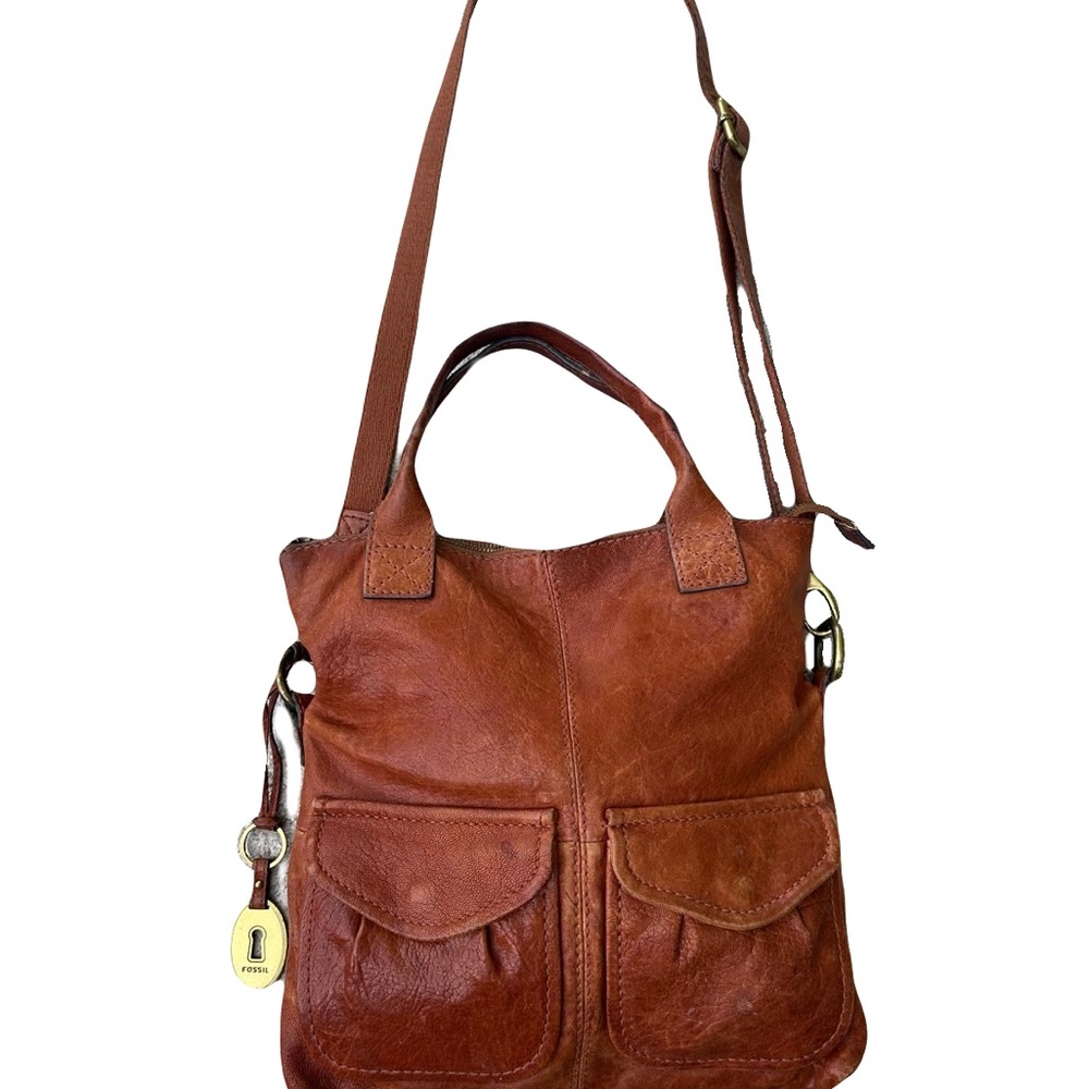 Fossil Brown Leather Crossbody/Satchel Bag w/ Adjustable Strap and Vintage Charm